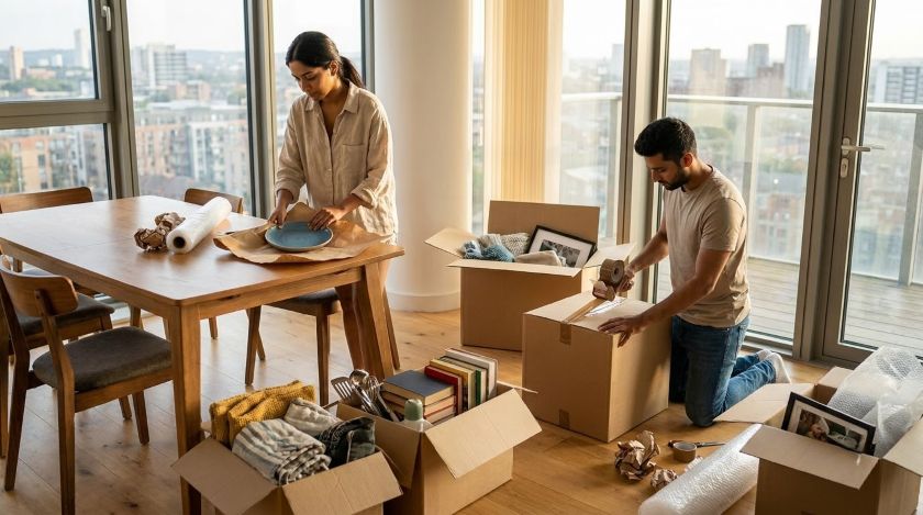 A person carefully packing household items into a cardboard box at home
