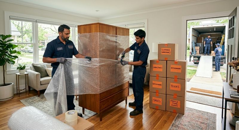 Packers wrapping furniture with bubble wrap and stacking labelled carton boxes before loading into a container truck for domestic relocation