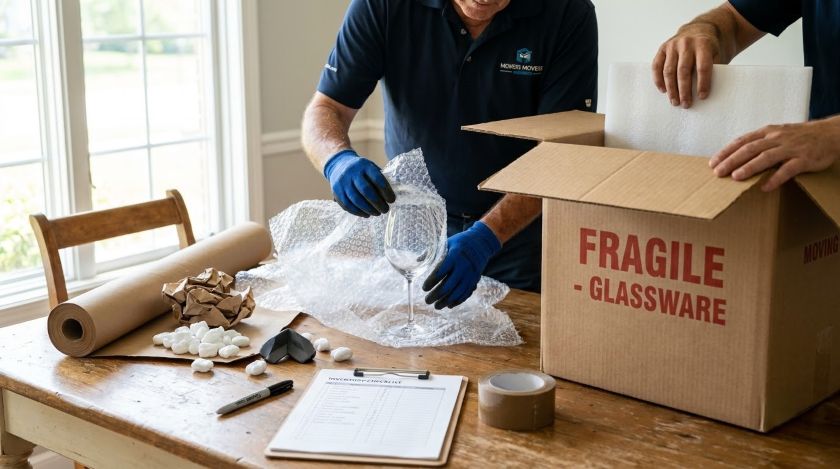 Mover carefully wrapping fragile glassware in bubble wrap before placing it in a labeled box