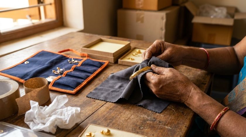 Hands wrapping a gold bangle in anti-tarnish cloth beside an open jewelry roll and foam-lined box with tamper-evident tape on a wooden table