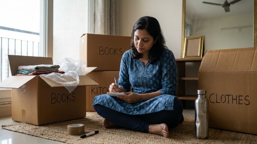 Person writing a moving checklist at a desk surrounded by packing boxes