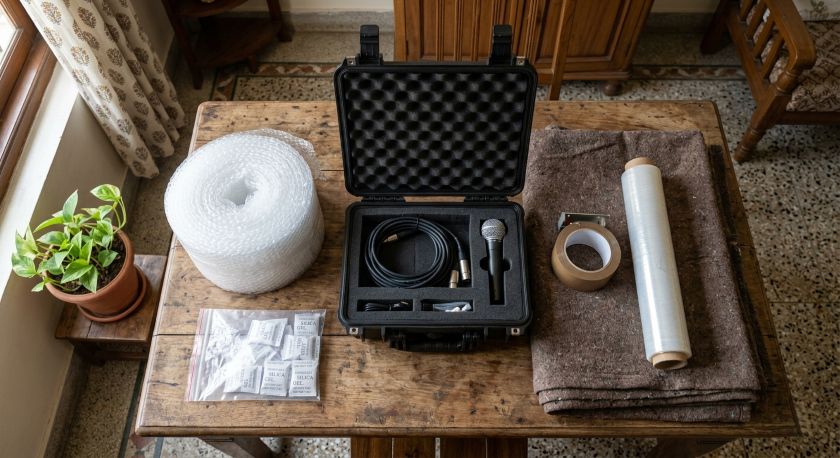 Top-down flat lay of bubble wrap, silica gel packets, open hard instrument case, moving blankets, packing tape and stretch wrap on a table