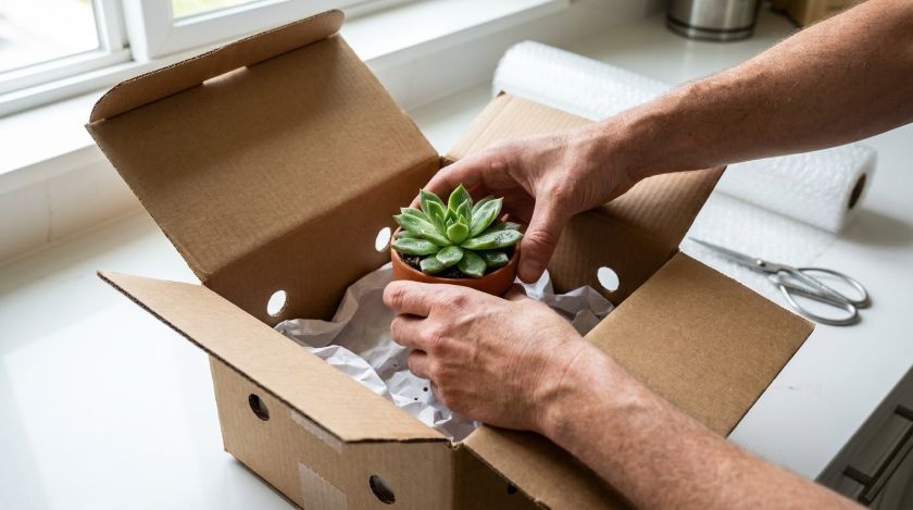 Small potted plant being placed inside a ventilated cardboard box lined with packing paper