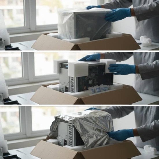 Packing stack diagram: ESD wrap → foam → barrier liner → brace → seal