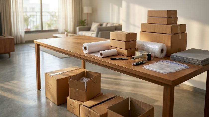 Boxes, tape, bubble wrap, and a marker laid out on a table ready for packing