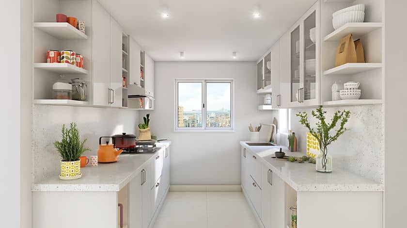white parallel modular kitchen layout