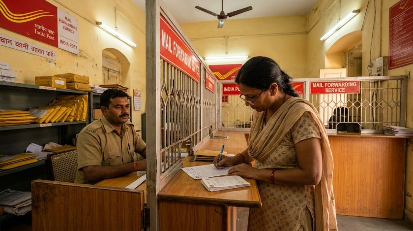 Person at a post office counter filling out a mail forwarding request form with address details