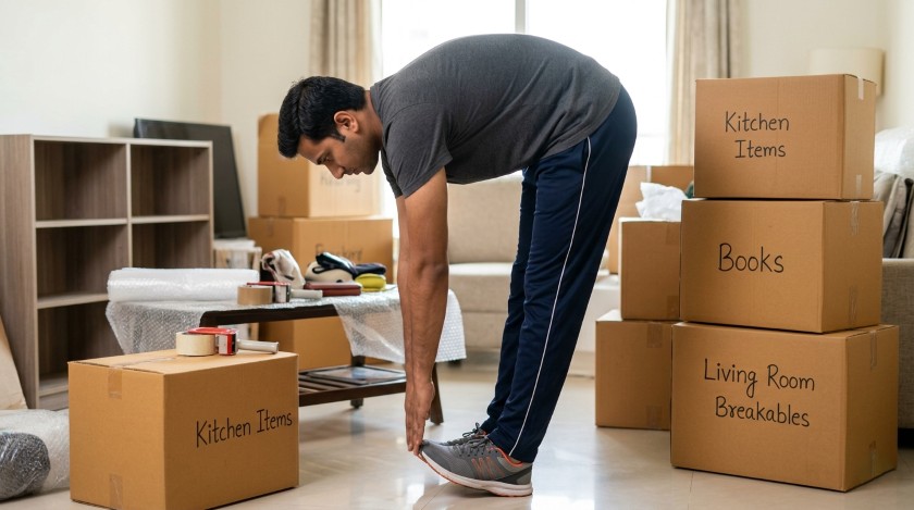 Person doing a standing hamstring stretch on a hardwood floor before lifting moving boxes