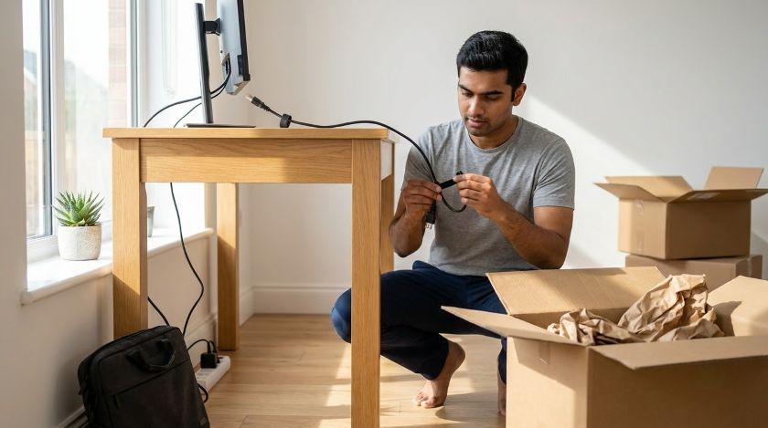 A person connecting a monitor and organising cables at a desk being set up in a new home office