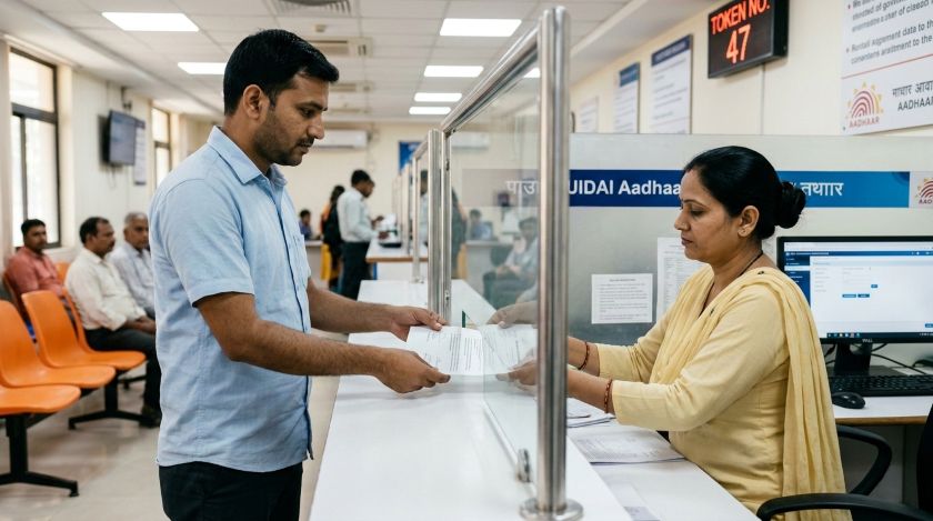 Person handing address proof documents to an official at an Aadhaar Seva Kendra service counter