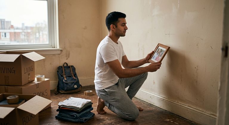 Person hanging photos and personalising their new apartment after moving to a new city