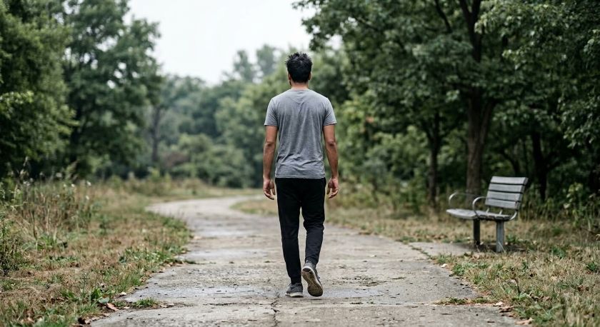 Person walking alone in a park early morning for mental health and self-care after relocating to a new Indian city