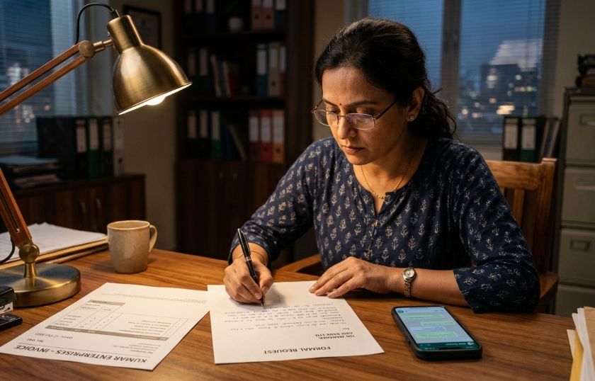 Person writing a formal legal notice addressed to a packers and movers company at a desk with documents