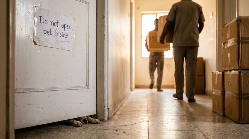 Handwritten note taped to a closed bedroom door reading Do not open, pet inside, while movers carry cartons along the hallway