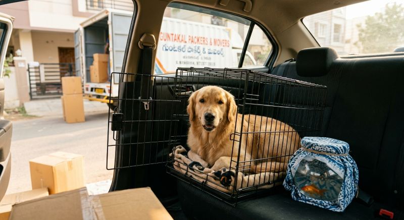 A dog inside a pet carrier and a fish bowl with water kept beside a moving truck during a home relocation in India