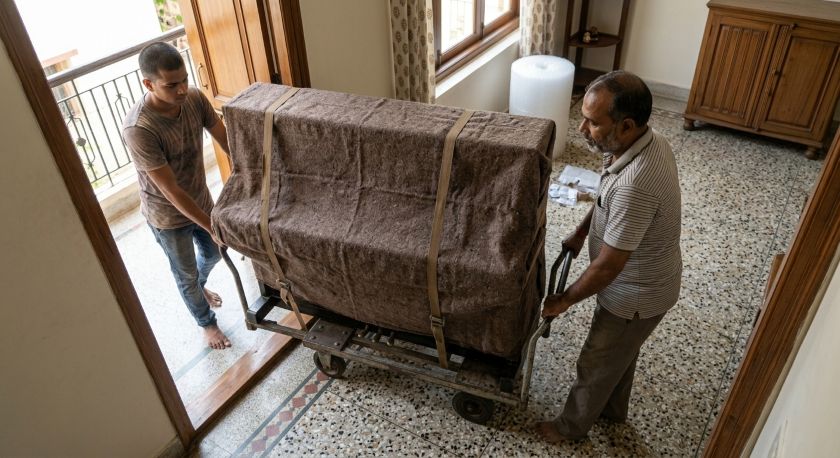 Two movers using a piano dolly to move a moving-blanket-wrapped upright piano through a doorway