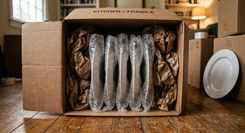 Dinner plates each wrapped in bubble wrap and packed vertically standing on edge inside a moving carton box to prevent cracking