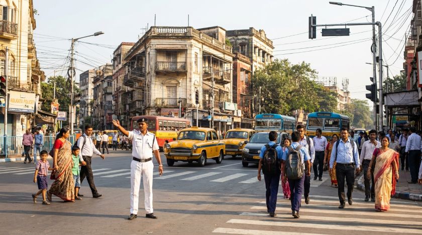 Kolkata Police officer directing traffic at a busy city intersection