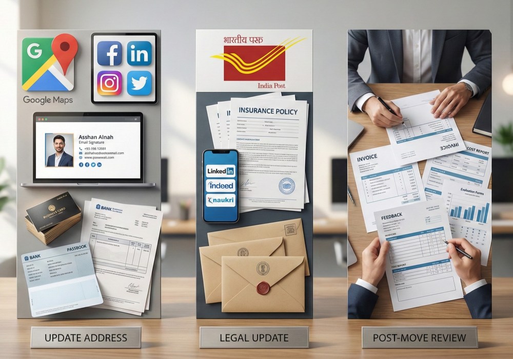 Checklist of post-move administrative tasks including updating business address, statutory updates, and conducting move review