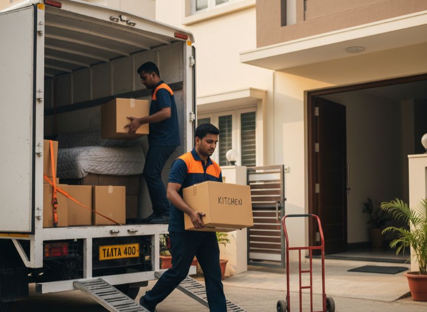 Professional movers carefully carrying boxes through the front door of a new home during unloading
