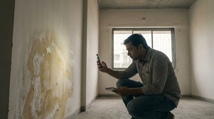 Person shining a torch at a damp patch on a rental flat wall during an in-person property inspection in India