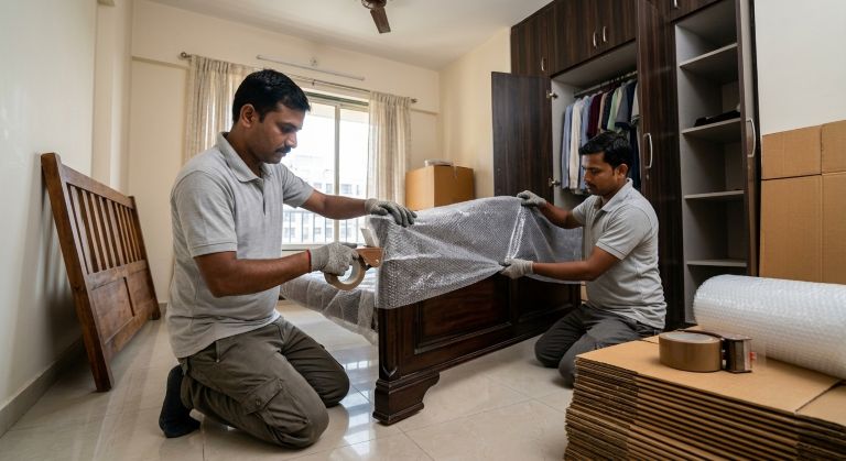 Professional movers carefully wrapping furniture with bubble wrap inside a Pune apartment before loading