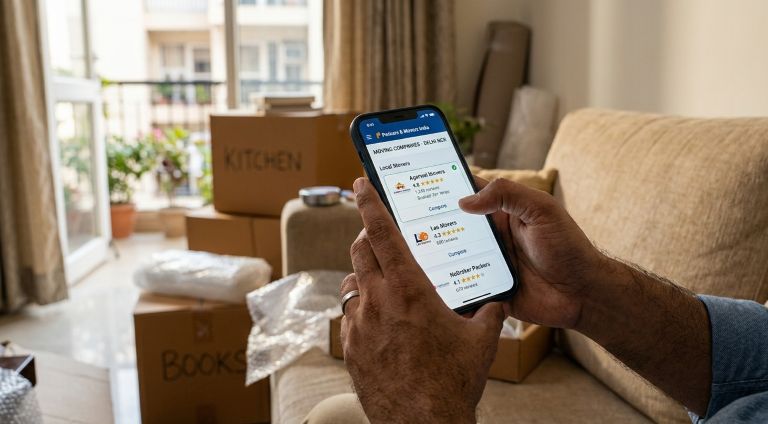 Person comparing star ratings and customer reviews of Pune movers on a smartphone