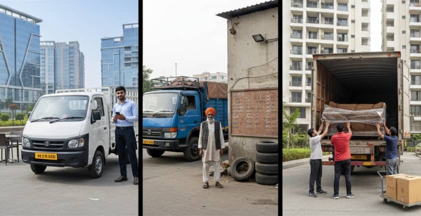 Side-by-side visual comparison showing three truck rental methods in Pune: app-based booking with smartphone and GPS-tracked vehicle, local transporter at traditional yard with handshake deal, and professional movers loading furniture with full crew