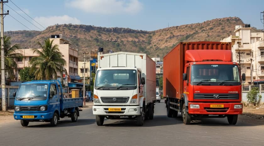 Side-by-side comparison of three commercial vehicles in ascending size order from compact Tata Ace to large cargo truck with Pune urban landscape