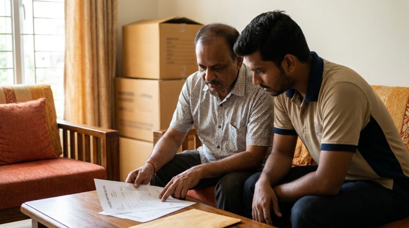 A homeowner reviewing an itemized written quote with a mover before confirming a booking