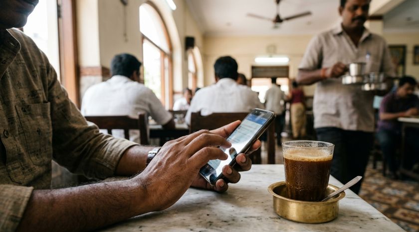 Person comparing star ratings of Chennai movers on smartphone before booking