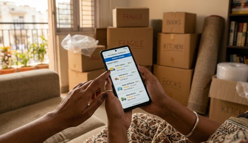 Person comparing star ratings of Delhi movers on smartphone before booking a house shift