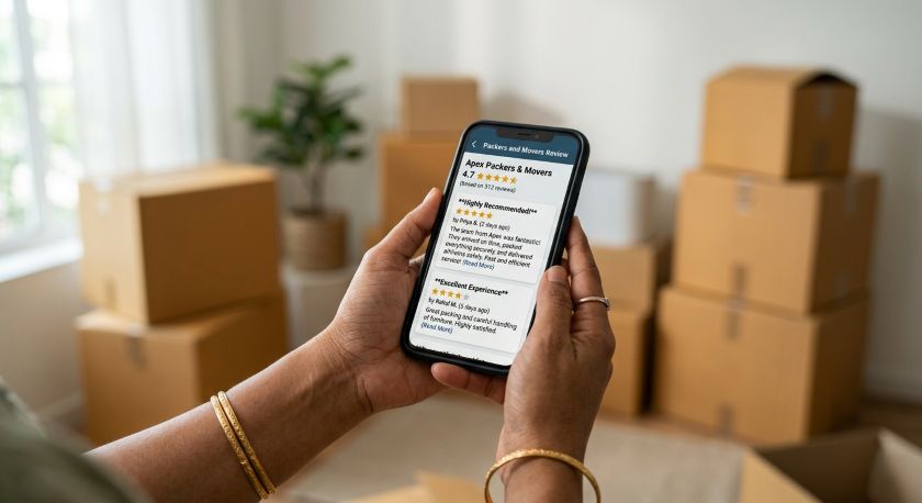 Person comparing star ratings of Hyderabad movers on smartphone before booking