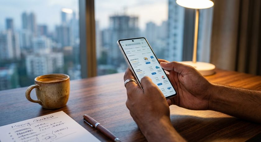 Person comparing star ratings of Mumbai movers on smartphone before booking