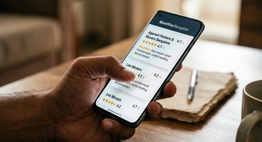 Person comparing star ratings of Bangalore movers on smartphone before booking