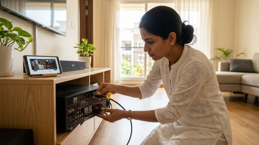 Person reconnecting labelled HDMI and speaker cables to an AV receiver during home theater setup after moving to a new home