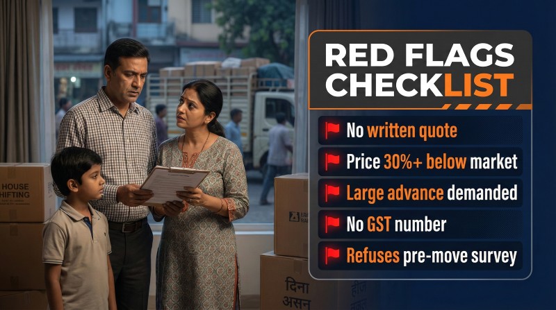 Red flags checklist to identify fraud packers and movers in India such as no written quote, low pricing and missing GST details