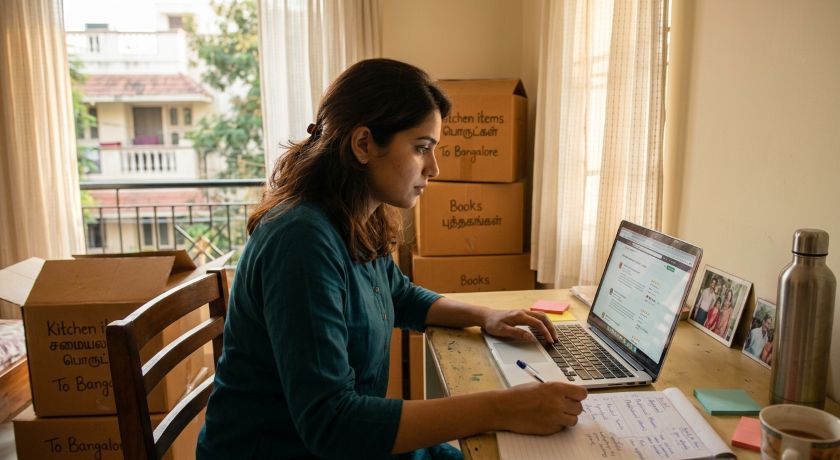 Customer checking house shifting reviews on laptop before booking a move in Chennai