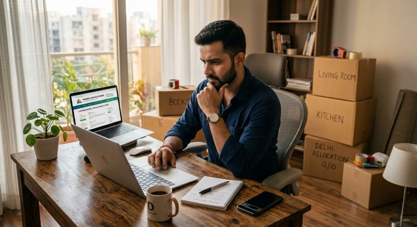 Customer checking house shifting reviews in Delhi on laptop before booking a move
