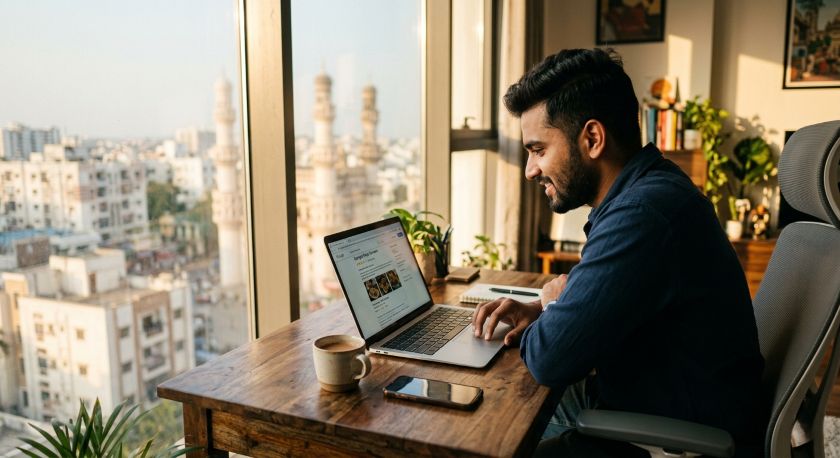 Customer checking movers reviews on laptop before booking a house shift in Hyderabad