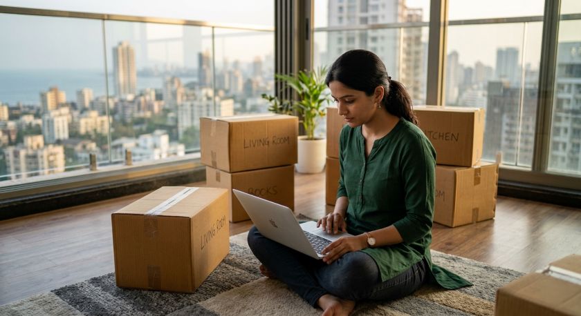 Customer checking movers reviews on laptop before booking a house shift in Mumbai