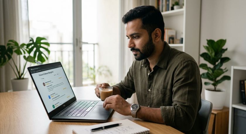 Customer checking movers reviews on laptop before booking a house shift in Bangalore