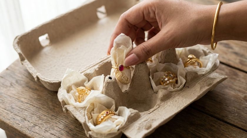 Wrapped rings placed individually into the cups of an egg carton with paper filling the gaps