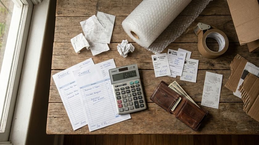 Scattered receipts, fuel bills and packing material costs on a table next to moving boxes