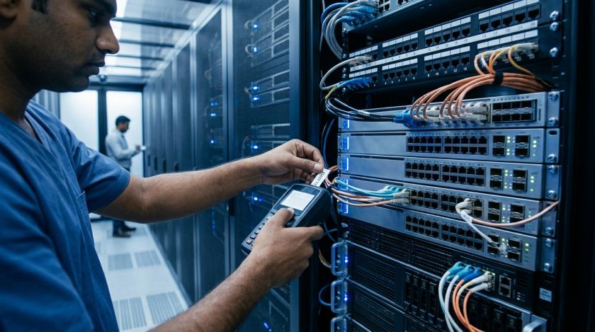 IT technician labelling network cables and ports on a server rack in a corporate server room before relocation