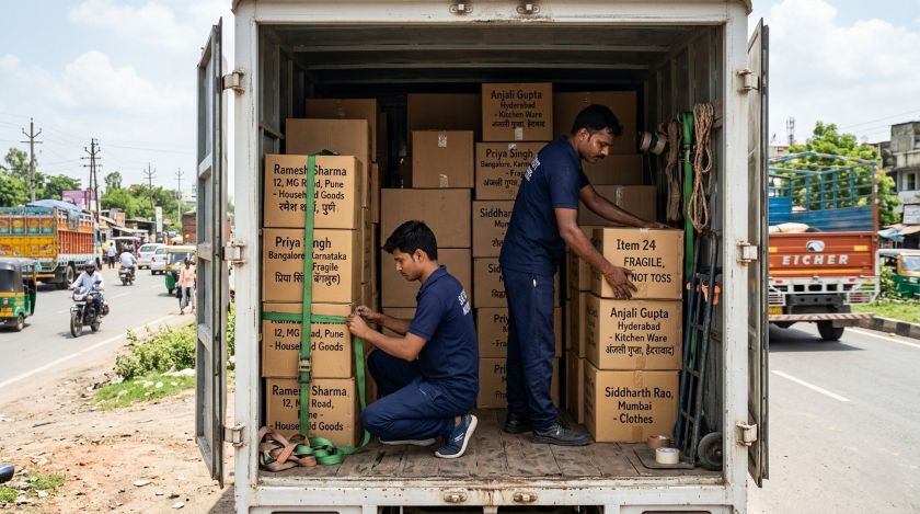 Multiple individually labelled household goods boxes from different customers loaded together inside a shared transport truck on an intercity route