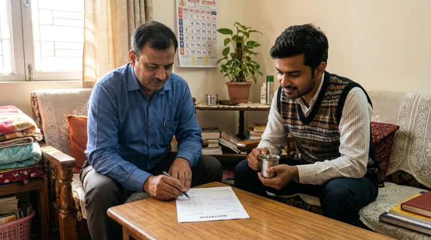 Customer and moving company representative reviewing a printed shifting quote together at a table