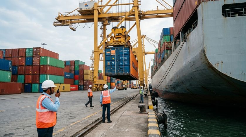 Crane loading a sealed shipping container packed with household goods onto a cargo vessel at an Indian seaport for an international relocation