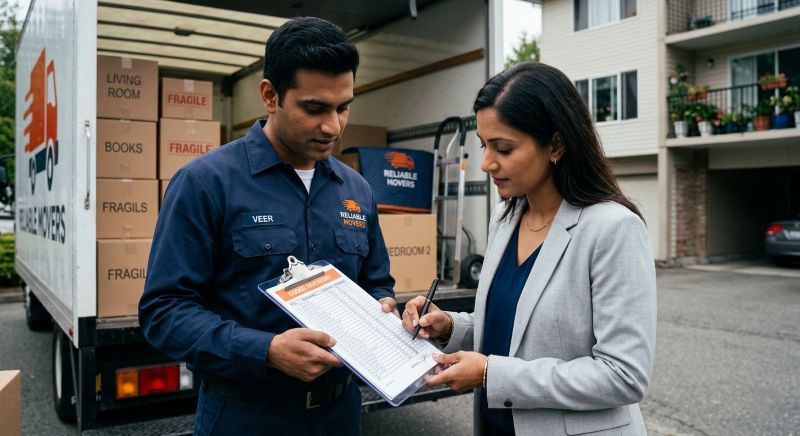 A mover and homeowner reviewing and signing a printed goods inventory checklist on a clipboard before loading household items into a truck