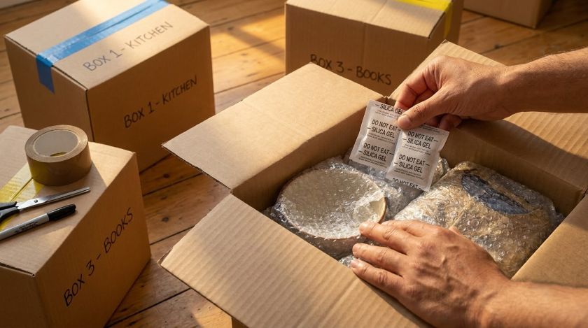 Hands placing silica gel packets inside a sealed cardboard box to absorb moisture before long-term warehouse storage